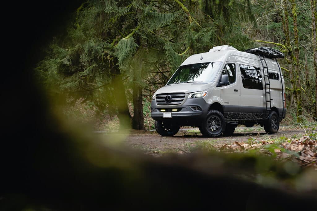 the exteriort of a custom Outside Van Sprinter Van conversion with Flares installed