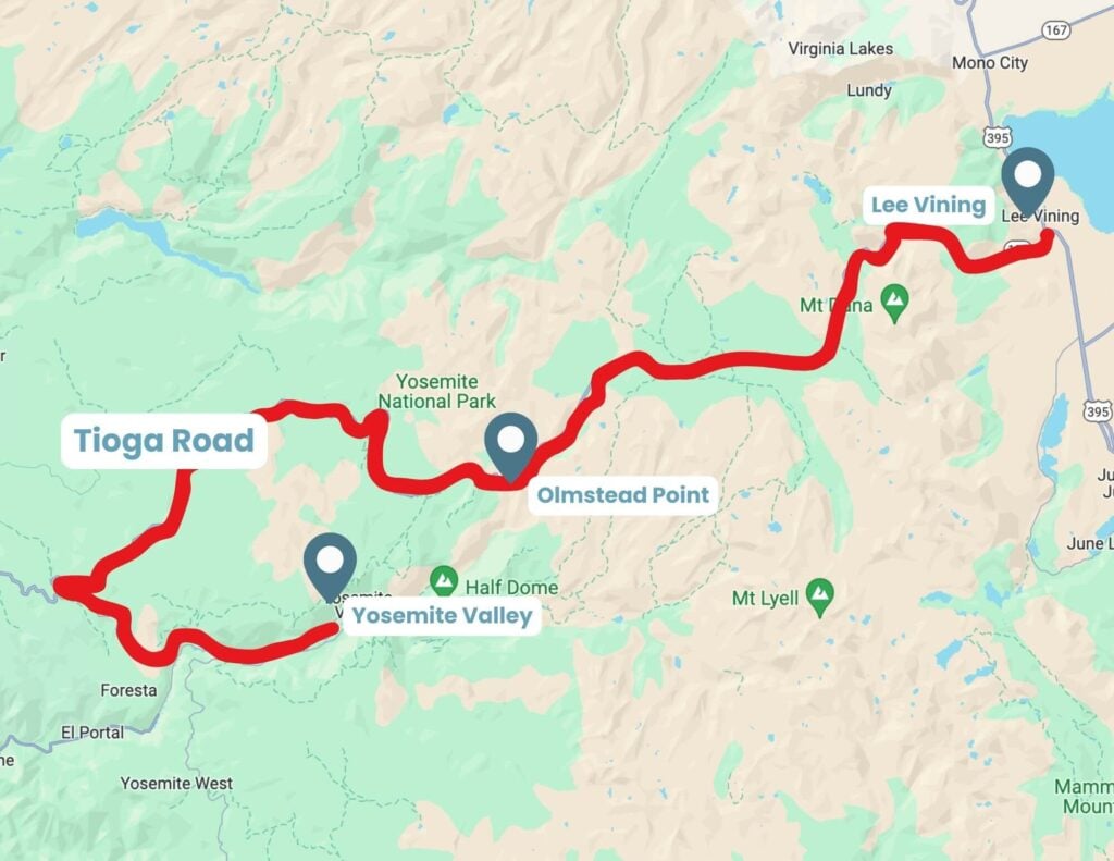 Map showing scenic route on Tioga Road in Yosemite National Park