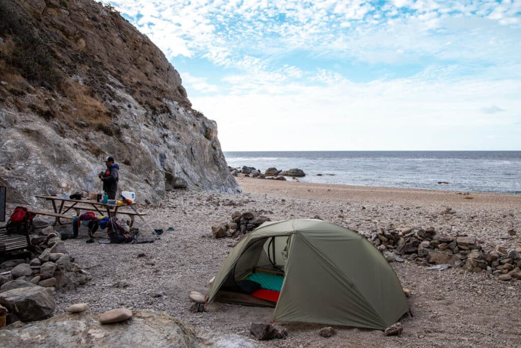 Tent set up on beach on the Trans Catalina Trail