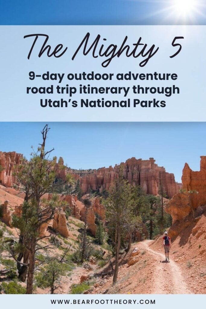 Pinnable image of woman hiking on trail in Bryce Canyon National Park. Text reads "The Mighty 5: 9-day outdoor adventure road trip through Utah's National Parks"
