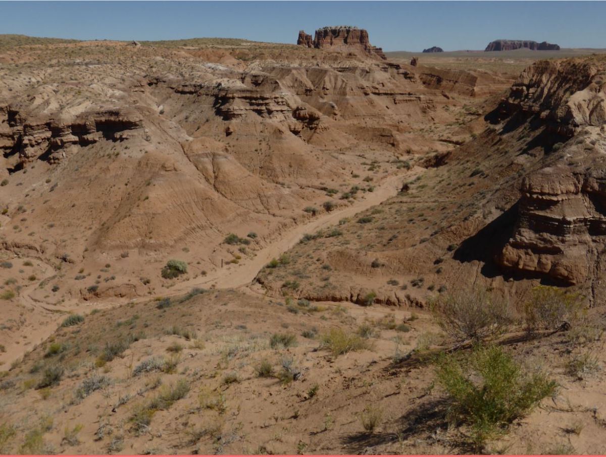 Aerial view of Carmel Canyon Trail with a dirt path and green shrubs in Goblin Valley State Park in Utah 