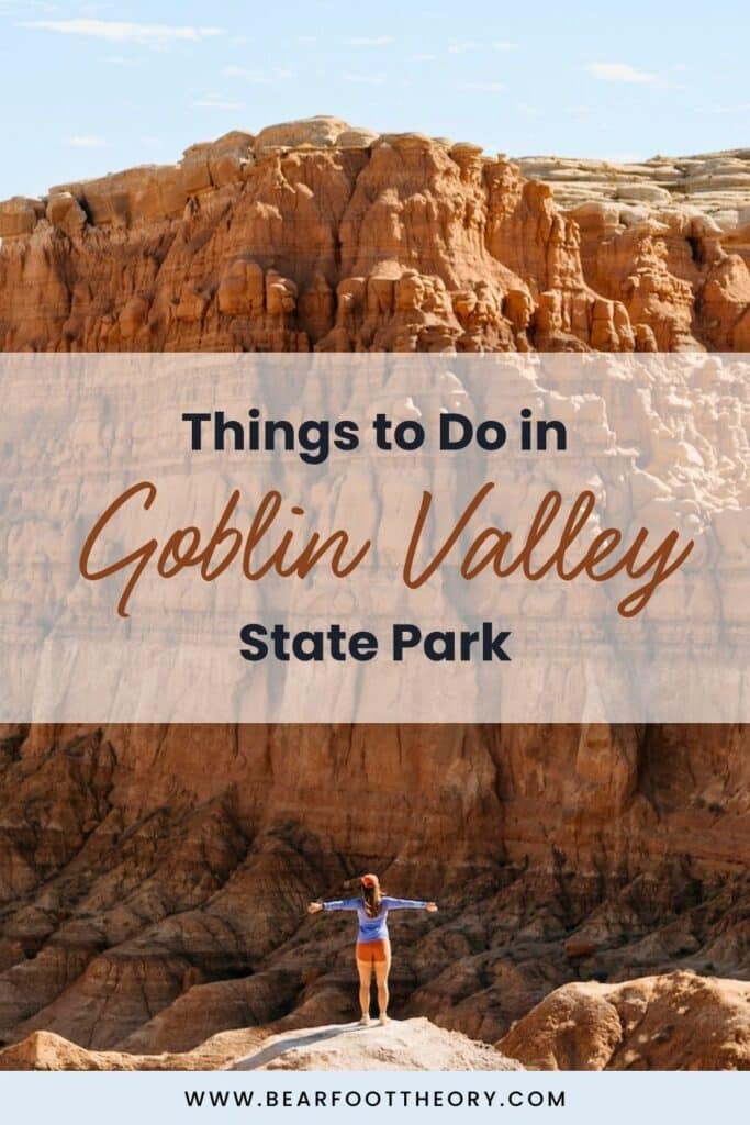 Pinterest image with text about reading this travel guide to Goblin Valley with an orange rock formation in the background