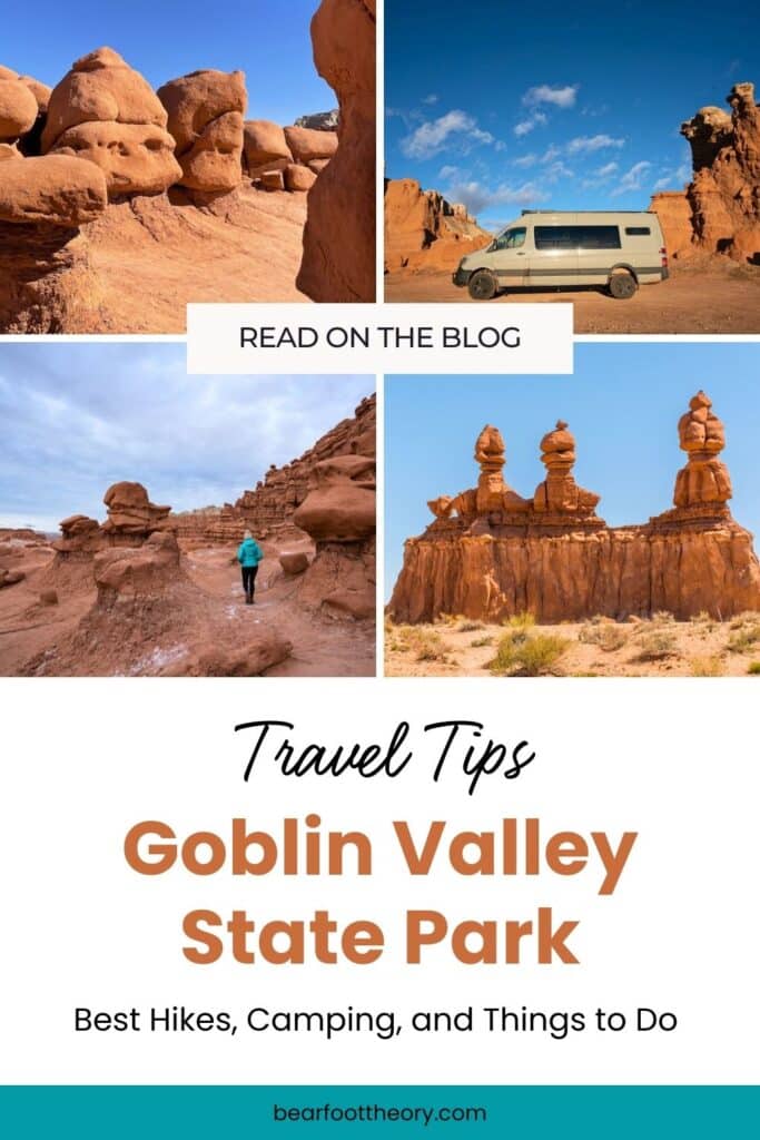 Pinterest image with text about reading this travel guide to Goblin Valley with an orange rock formation in the background