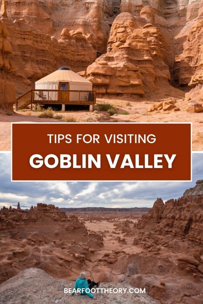 Pinterest image with text about reading this travel guide to Goblin Valley with an orange rock formation in the background