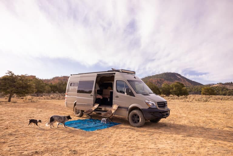 Sprinter camper van parked at a dispersed free campsite on Lossee Road near Bryce Canyon National Park