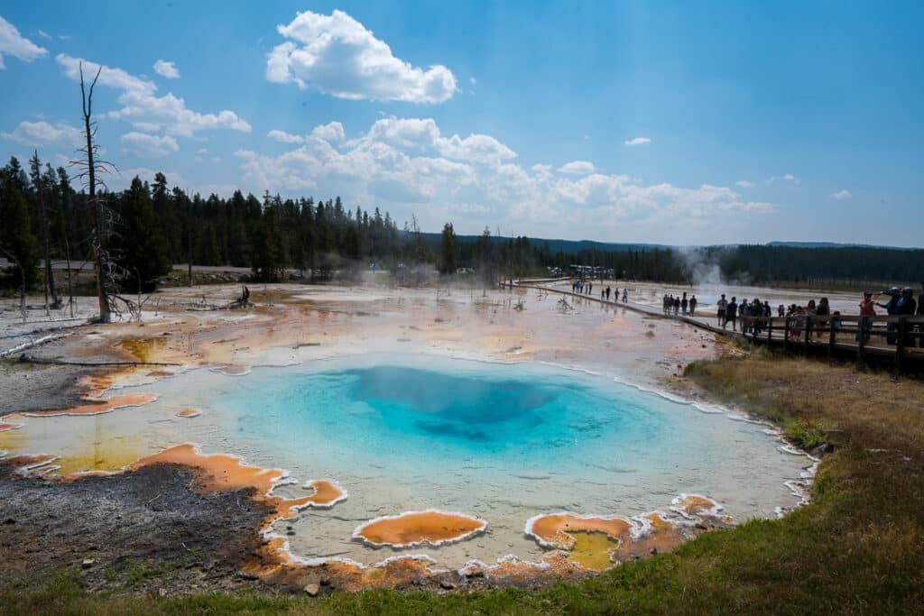 Blue geyser called Silex Spring at Lower geyser basin in Yellowstone National Park