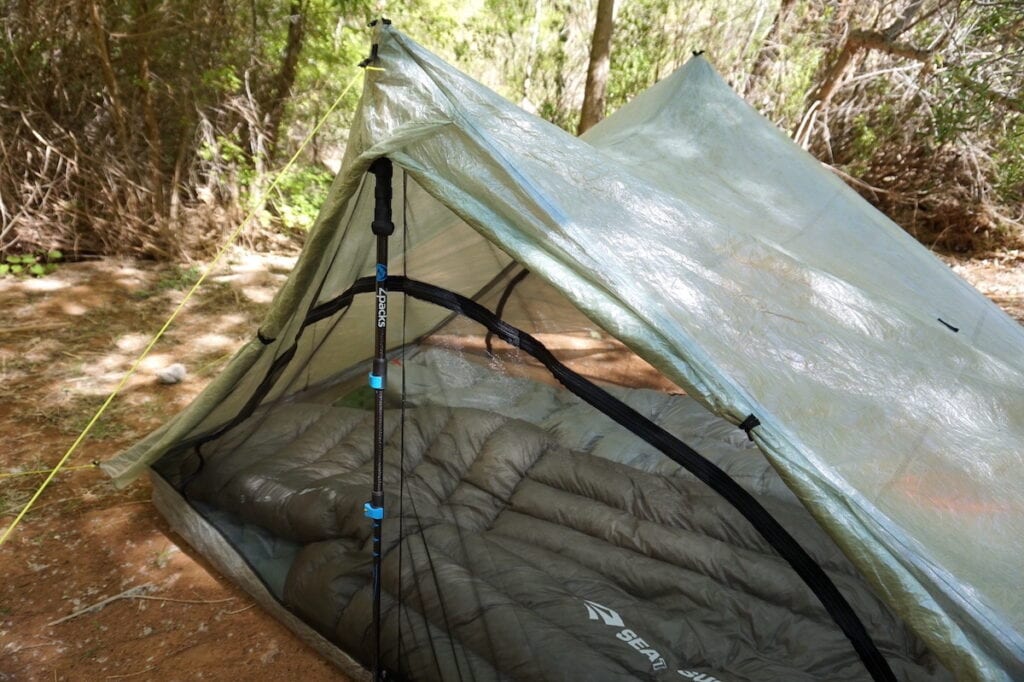 The Zpacks Duplex tent set up with Zpacks carbon fiber trekking poles